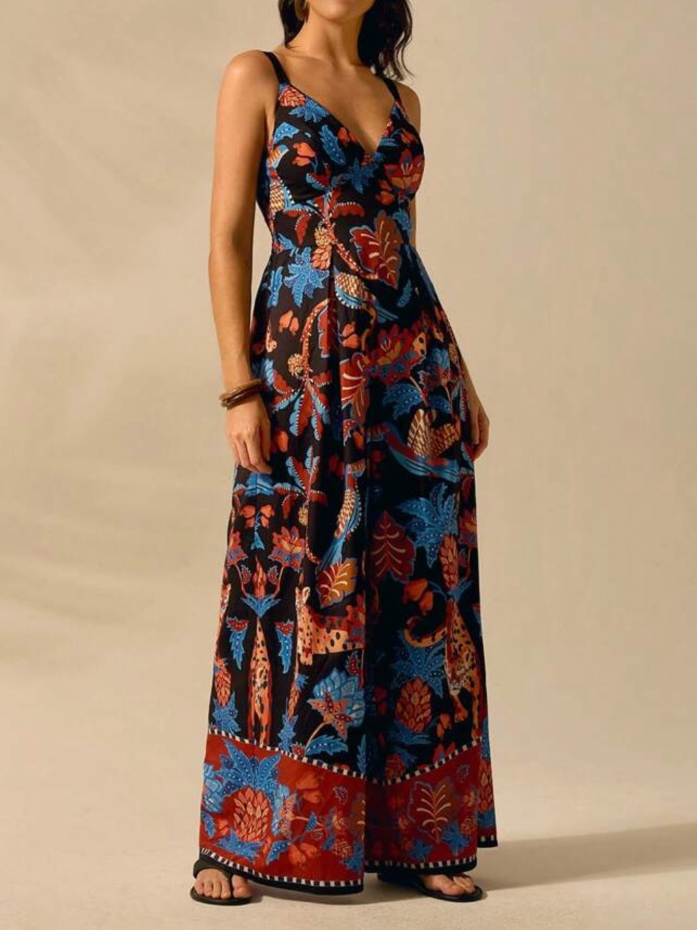 Boho Leopard Pineapple Tropical Flora And Fauna Print Wide Leg Pants Jumpsuit